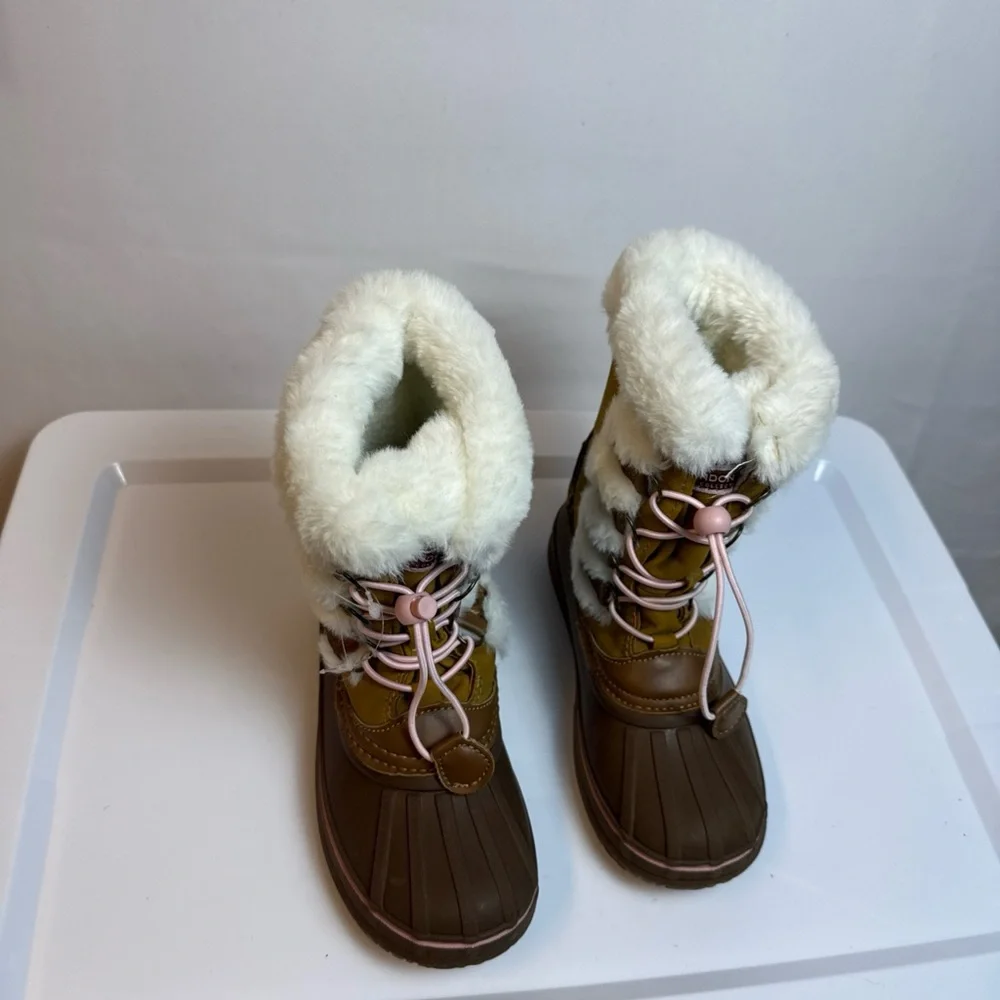 London Fog Kids Brown SnowBoots‎ w/ Pink Accents sz 2 Faux Fur Winter Outdoor